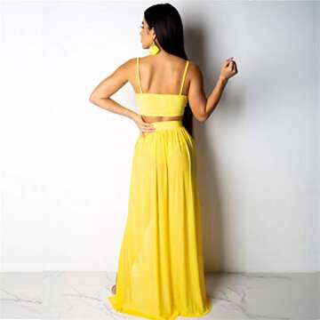 Women Sexy 2 Piece Outfits Dress Chiffon Strap Deep V Neck Bra Crop Top High Split Maxi Dresses Skirt Set Swimwear Cover Ups Yellow M