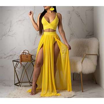 Women Sexy 2 Piece Outfits Dress Chiffon Strap Deep V Neck Bra Crop Top High Split Maxi Dresses Skirt Set Swimwear Cover Ups Yellow M