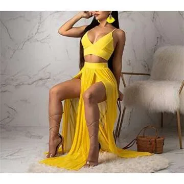 Women Sexy 2 Piece Outfits Dress Chiffon Strap Deep V Neck Bra Crop Top High Split Maxi Dresses Skirt Set Swimwear Cover Ups Yellow M