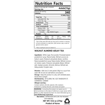 Damtuh Korean Walnut Almond Adlay (Job's Tear) Powder Meal Replacement Shake – Nutty Breakfast Drink, Misugaru, 18g x 15 Sticks (Pack of 1)