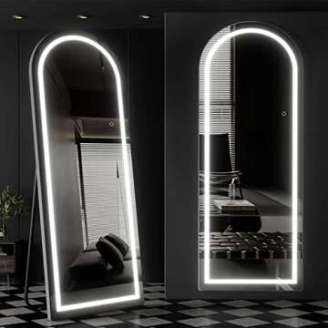osemy 65"x22" Arched Full Length Mirror with Lights, LED Mirror Full Length with Stands, Free Standing/Wall Mounted/Leaning Full Body Arched Mirrors