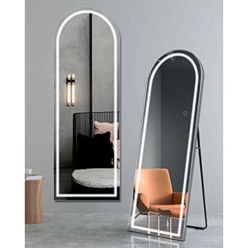 osemy 65"x22" Arched Full Length Mirror with Lights, LED Mirror Full Length with Stands, Free Standing/Wall Mounted/Leaning Full Body Arched Mirrors