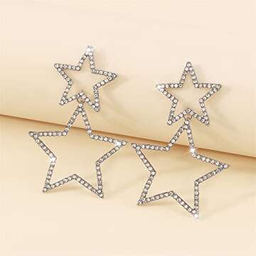 Rhinestone Big Star Dangle Earrings for Women Girls Hypoallergenic Crystal Long Tassel Stars Charms Drop Dangling Stud Fashion Lightweight Festival Christmas Birthday Ornament Jewelry Dainty Gifts for Friends Fans (Silvery)