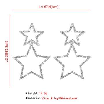 Rhinestone Big Star Dangle Earrings for Women Girls Hypoallergenic Crystal Long Tassel Stars Charms Drop Dangling Stud Fashion Lightweight Festival Christmas Birthday Ornament Jewelry Dainty Gifts for Friends Fans (Silvery)