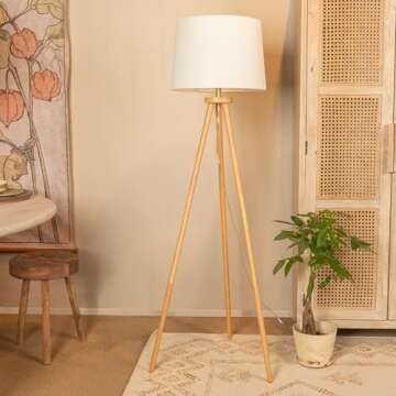 Creative Co-Op Mid Century Modern Tripod Wood Floor Lamp with Linen Shade, Natural and Cream