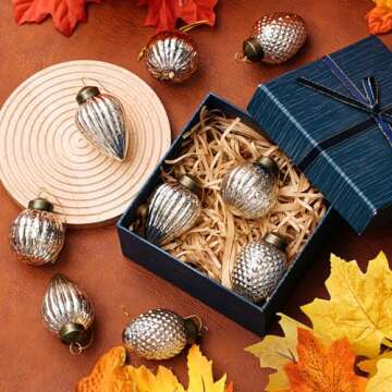 Deekin 24 Mini Glass Fall Tree Ornaments Set Thanksgiving Ornaments Assorted Mini Hanging Glass Ball Ornaments for Small Christmas Tree Decorations with Loop, 3 Styles(Silver)