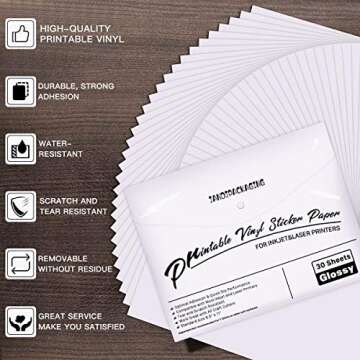 JANDJPACKAGING Printable Vinyl for Inkjet & Laser Printer - 30 Pack Printable Vinyl Sticker Paper Glossy White - Standard Letter Size 8.5"x11"