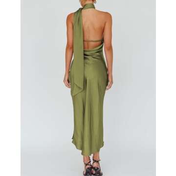 Stunning Sexy Satin Halter Backless Wedding Guest Dress in Olive