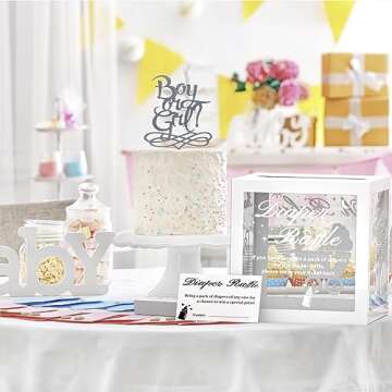WNINK 50 Pcs Diaper Raffle Tickets with Box for Baby Shower, Diaper Raffle Card Gender Reveal Diaper Raffle Card Box for Baby Shower Games Diaper Raffle Box Party Decorations Table Centerpiece (White)