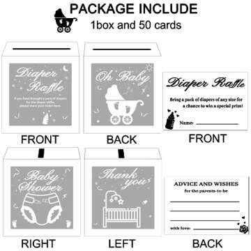 WNINK 50 Pcs Diaper Raffle Tickets with Box for Baby Shower, Diaper Raffle Card Gender Reveal Diaper Raffle Card Box for Baby Shower Games Diaper Raffle Box Party Decorations Table Centerpiece (White)