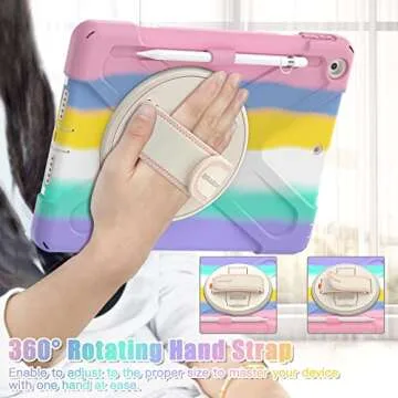 BRAECN iPad Case 9th 8th Generation 10.2 Inch 2021 2020, Heavy Duty Kids Case with Pencil Holder Screen Protector Pencil Cap Holder Hand Strap Carrying Strap for iPad 7th Gen 10.2 2019 -Colorful Pink