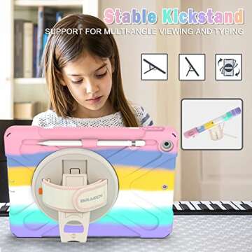 BRAECN iPad Case 9th 8th Generation 10.2 Inch 2021 2020, Heavy Duty Kids Case with Pencil Holder Screen Protector Pencil Cap Holder Hand Strap Carrying Strap for iPad 7th Gen 10.2 2019 -Colorful Pink