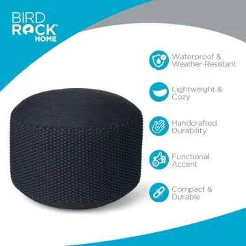 BIRDROCK HOME Outdoor Pouf Ottoman | Hand Woven Waterproof Foot Stool with Bead Bag Filling | Boho Foot Rest for Patio, Living Room, Porch & Outdoor Seating | Lightweight, Soft Stuffed Chair | Navy