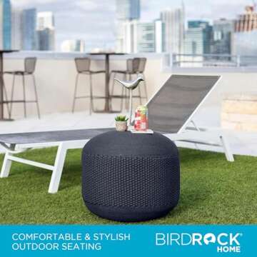 BIRDROCK HOME Outdoor Pouf Ottoman | Hand Woven Waterproof Foot Stool with Bead Bag Filling | Boho Foot Rest for Patio, Living Room, Porch & Outdoor Seating | Lightweight, Soft Stuffed Chair | Navy
