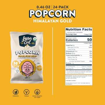 LesserEvil Himalayan Gold Salt Organic Popcorn, Premium Quality, Minimally Processed, No Vegetable Oil, 0.46 Oz, (Pack of 24)