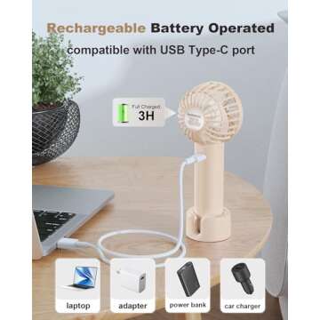 Coohea Mini Handheld Fan, Small Cute Design, 3 Powerful Speeds, USB Rechargeable Battery Operated, Personal Portable Fan with Base & Lanyard, for Eyelash Makeup Travel Beach Office Desk, Beige