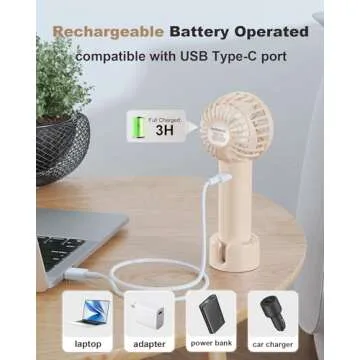 Coohea Mini Handheld Fan, Small Cute Design, 3 Powerful Speeds, USB Rechargeable Battery Operated, Personal Portable Fan with Base & Lanyard, for Eyelash Makeup Travel Beach Office Desk, Beige