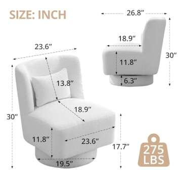 LLS Swivel Accent Sofa Chair with Lumbar Pillow, 360° Metal Base Boucle Fabric Upholstered Modern Barrel Sherpa Single Comfy Armless Couch for Living Room Bedroom Reading Lounge Corner, Ivory
