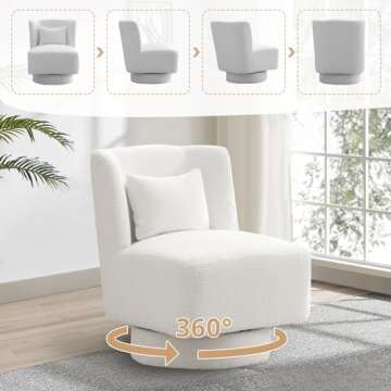 LLS Swivel Accent Sofa Chair with Lumbar Pillow, 360° Metal Base Boucle Fabric Upholstered Modern Barrel Sherpa Single Comfy Armless Couch for Living Room Bedroom Reading Lounge Corner, Ivory