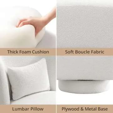 LLS Swivel Accent Sofa Chair with Lumbar Pillow, 360° Metal Base Boucle Fabric Upholstered Modern Barrel Sherpa Single Comfy Armless Couch for Living Room Bedroom Reading Lounge Corner, Ivory