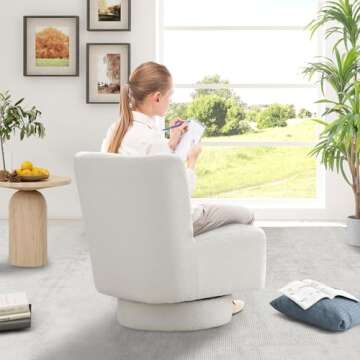 LLS Swivel Accent Sofa Chair with Lumbar Pillow, 360° Metal Base Boucle Fabric Upholstered Modern Barrel Sherpa Single Comfy Armless Couch for Living Room Bedroom Reading Lounge Corner, Ivory
