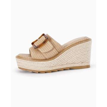 Coutgo Women's Wedge Sandals Open Toe Platform Espadrille Heels Buckle Slip On Casual Summer Slide Shoes, Khaki, Size 10