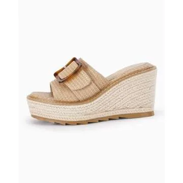 Coutgo Women's Wedge Sandals Open Toe Platform Espadrille Heels Buckle Slip On Casual Summer Slide Shoes, Khaki, Size 10