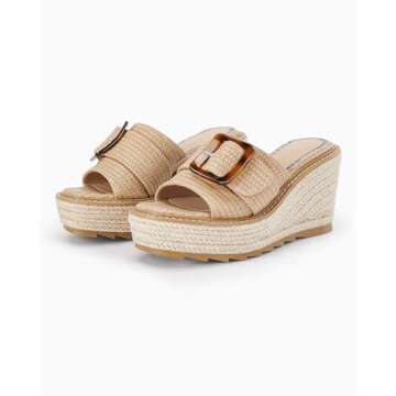 Coutgo Women's Wedge Sandals Open Toe Platform Espadrille Heels Buckle Slip On Casual Summer Slide Shoes, Khaki, Size 10