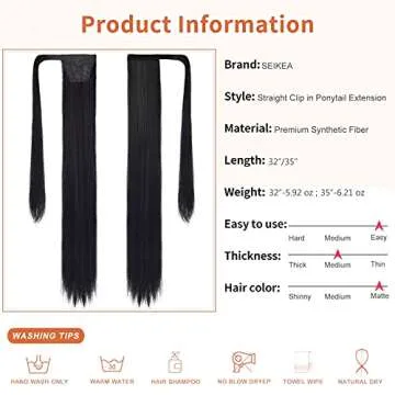 SEIKEA 35 Inch Clip in Ponytail Extension Wrap Around Long Straight Pony Tail Hair Synthetic Hairpiece for Women - Black