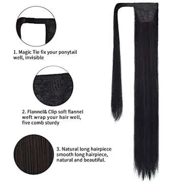 SEIKEA 35 Inch Clip in Ponytail Extension Wrap Around Long Straight Pony Tail Hair Synthetic Hairpiece for Women - Black