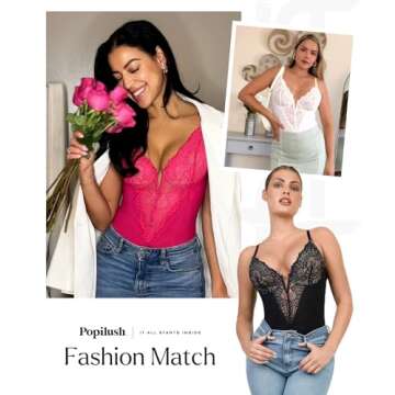 Popilush Corset Tops for Women Tummy Control Shapewear Black Lace Thong Bodysuit Backless Body Suit ...
