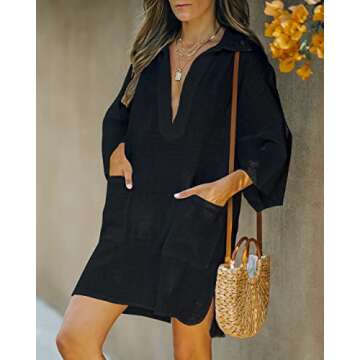 AI'MAGE Women Deep V Neck Cover Up Casual Cotton Linen Shirts Beachwear Bikini Pool Dress Half Sleev...