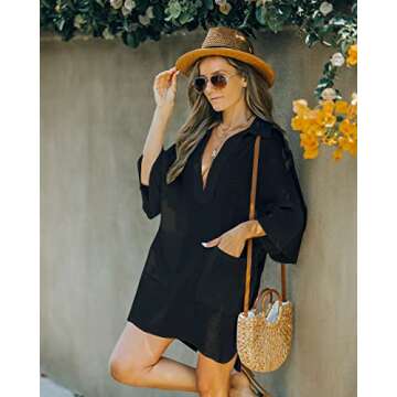 AI'MAGE Women Deep V Neck Cover Up Casual Cotton Linen Shirts Beachwear Bikini Pool Dress Half Sleeve Black
