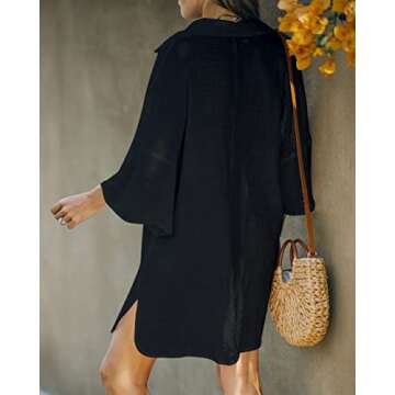 AI'MAGE Women Deep V Neck Cover Up Casual Cotton Linen Shirts Beachwear Bikini Pool Dress Half Sleeve Black