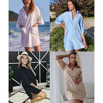 AI'MAGE Women Deep V Neck Cover Up Casual Cotton Linen Shirts Beachwear Bikini Pool Dress Half Sleeve Black