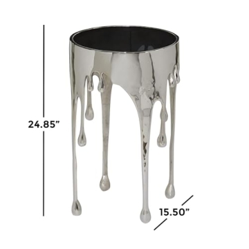 Deco 79 Aluminum Metal Side End Accent Table Drip End Table with Melting Design and Shaded Glass Top, Side Table 16" x 16" x 25", Silver