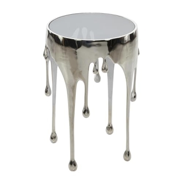 Deco 79 Aluminum Metal Side End Accent Table Drip End Table with Melting Design and Shaded Glass Top, Side Table 16" x 16" x 25", Silver