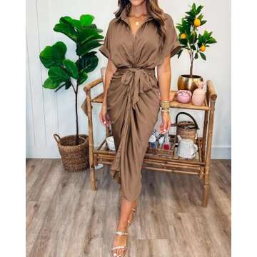 BTFBM 2024 Women Button Down Ruched Shirt Dresses Short Sleeve Lapel V Neck Elegant Party Spring Sum...
