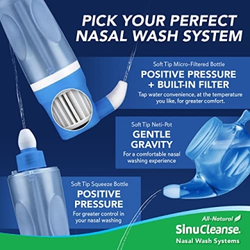 SinuCleanse Soft Tip Neti Pot Nasal Wash System, Relieves Nasal Congestion Due to Cold & Flu, Dry Air, Allergies, 30 All-Natural Saline Packets, Made in USA