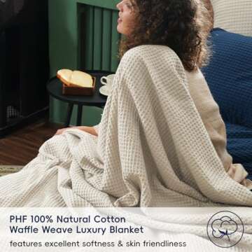 PHF 100% Cotton Waffle Weave Blanket Queen Size 90"x90" - Lightweight Cozy Washed Soft Breathable Th...