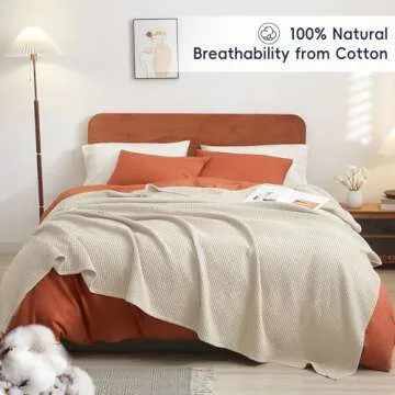 PHF 100% Cotton Waffle Weave Blanket Queen Size 90"x90" - Lightweight Cozy Washed Soft Breathable Throw - Great Layer for Couch Bed Sofa - Elegant Aesthetic Home Decoration Gift-Linen