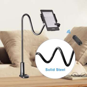 Kefotic Gooseneck Tablet Holder for Kindle Reading in Bed with Page Turner Remote, Hands Free Desk Bedside Lazy Arm Stand for Kindle Accessories, Gifts for Readers