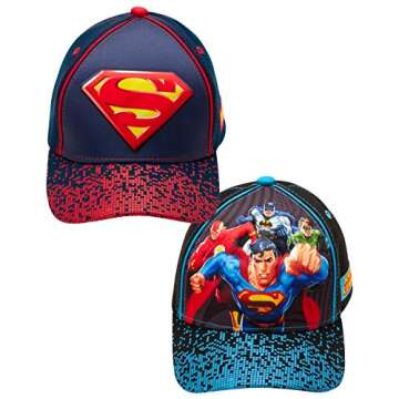 DC Comics Boys 3D Baseball Cap 2 Pack: Batman, Superman, Justice League (Ages 4-7)