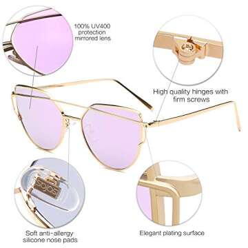 SOJOS Cat Eye Sunglasses for Women Fashion Designer Style Mirrored Lenses SJ1001 with Gold/Purple