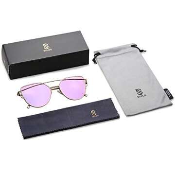 SOJOS Cat Eye Sunglasses for Women Fashion Designer Style Mirrored Lenses SJ1001 with Gold/Purple