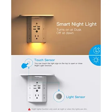 Multi Plug Outlets, Wall Outlet Extender with Night Light and Outlet Shelf, Surge Protector 4 USB Ports(1 USB C), USB Wall Charger Power Strip Electric Outlet Splitter for Home Office White