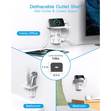 Multi Plug Outlets, Wall Outlet Extender with Night Light and Outlet Shelf, Surge Protector 4 USB Ports(1 USB C), USB Wall Charger Power Strip Electric Outlet Splitter for Home Office White