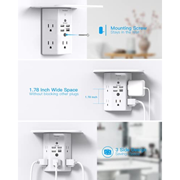 Multi Plug Outlets, Wall Outlet Extender with Night Light and Outlet Shelf, Surge Protector 4 USB Ports(1 USB C), USB Wall Charger Power Strip Electric Outlet Splitter for Home Office White