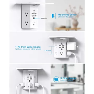 Multi Plug Outlets, Wall Outlet Extender with Night Light and Outlet Shelf, Surge Protector 4 USB Ports(1 USB C), USB Wall Charger Power Strip Electric Outlet Splitter for Home Office White