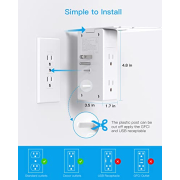 Multi Plug Outlets, Wall Outlet Extender with Night Light and Outlet Shelf, Surge Protector 4 USB Ports(1 USB C), USB Wall Charger Power Strip Electric Outlet Splitter for Home Office White
